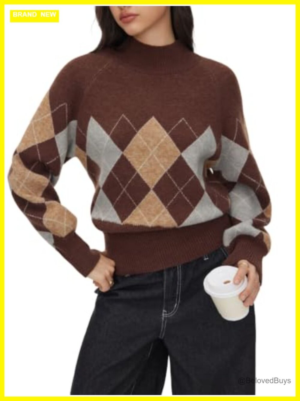 Mock Neck Argyle Knitted Pullover Sweater Oversized Fit